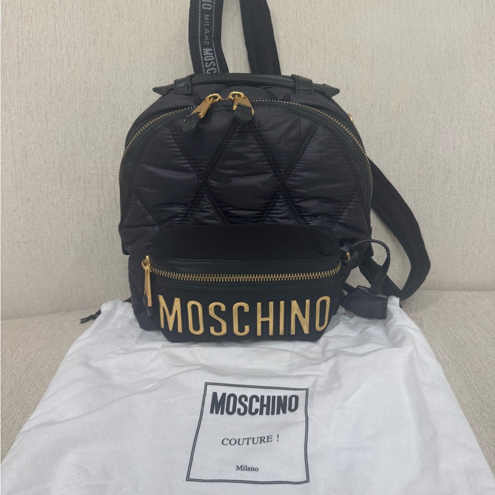 Moschino Quilted Black Backpack with Gold Details